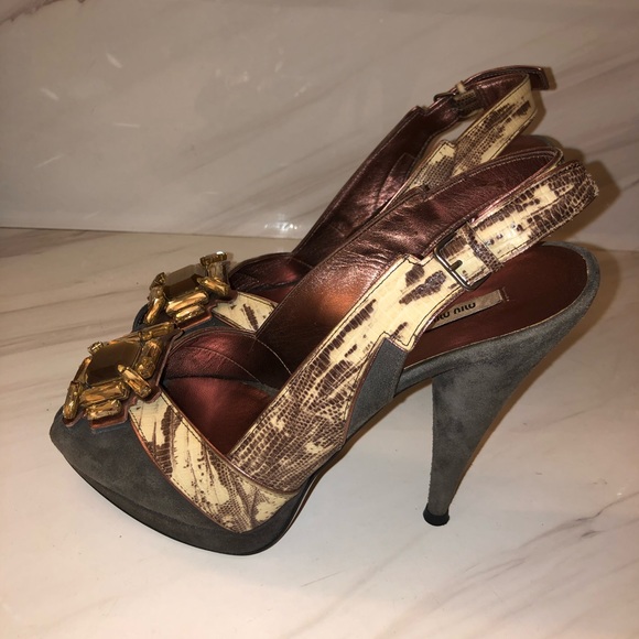 Miu Miu open toe Slingback heels with large stones snakeskin and gray suede 38 - Picture 4 of 8
